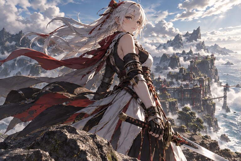 Wind-swept swordswoman style reference