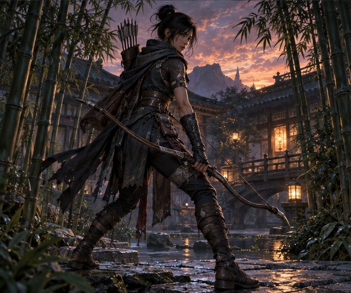 Bamboo courtyard archer style reference